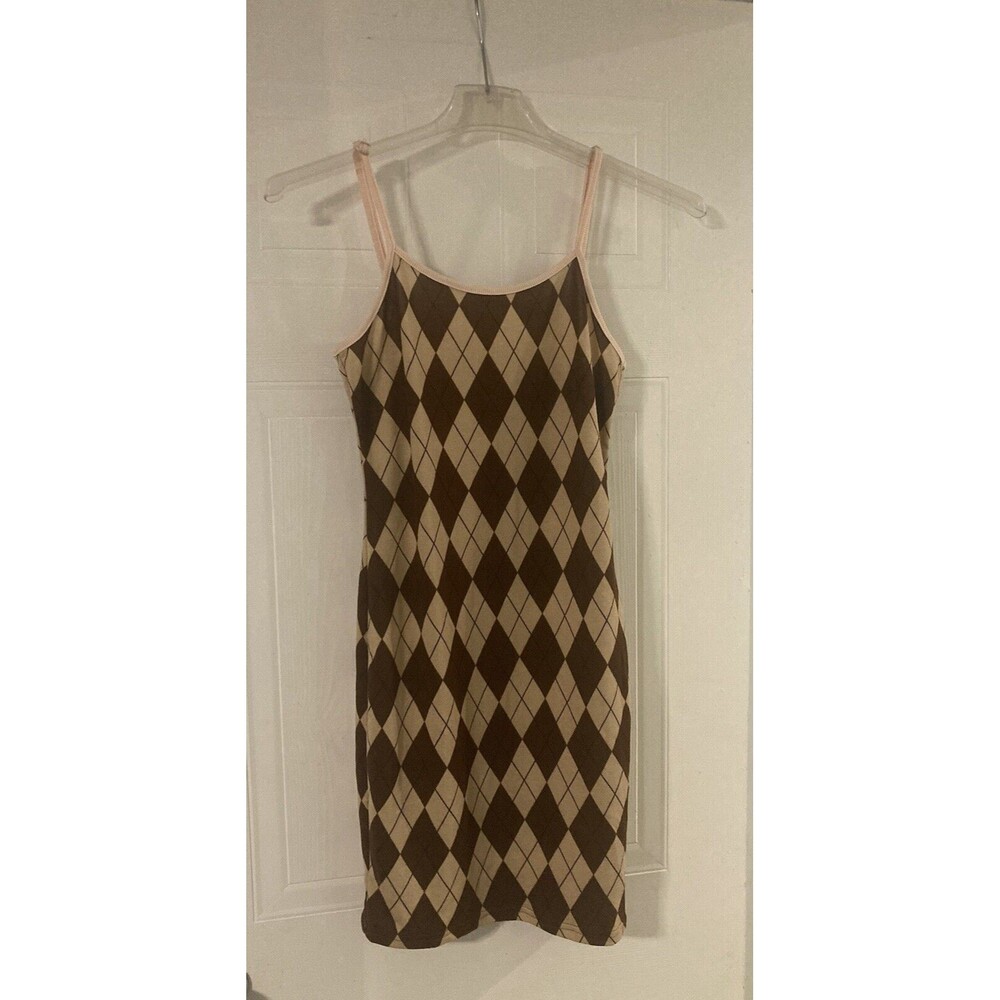 SHEIN Mini Dress Brown Argyle Bodycon Academia Lightweight Size L 8/10 Flirty - Picture 3 of 9